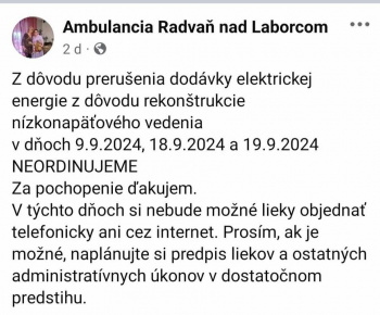 Aktuality / zatvorené ambulancie a lekáreň z dôvodu prerušenia distribúcie elektriny v našej obci 9.9.2024 - foto