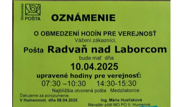 zmena otváracích hodín pošty 10.4.2025