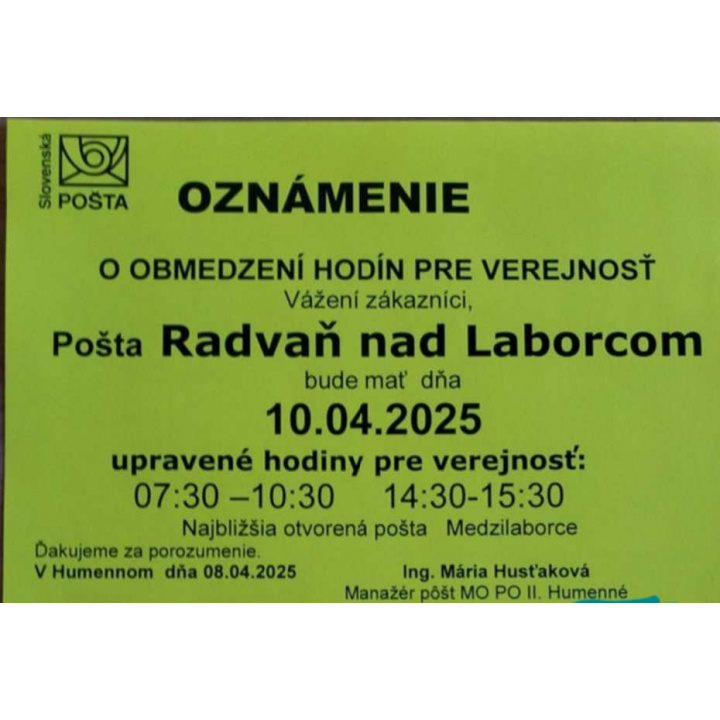 zmena otváracích hodín pošty 10.4.2025